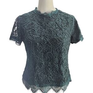 Adiva Womens Size Medium Black Lace Detail Short Sleeve Blouse‎ Top Green